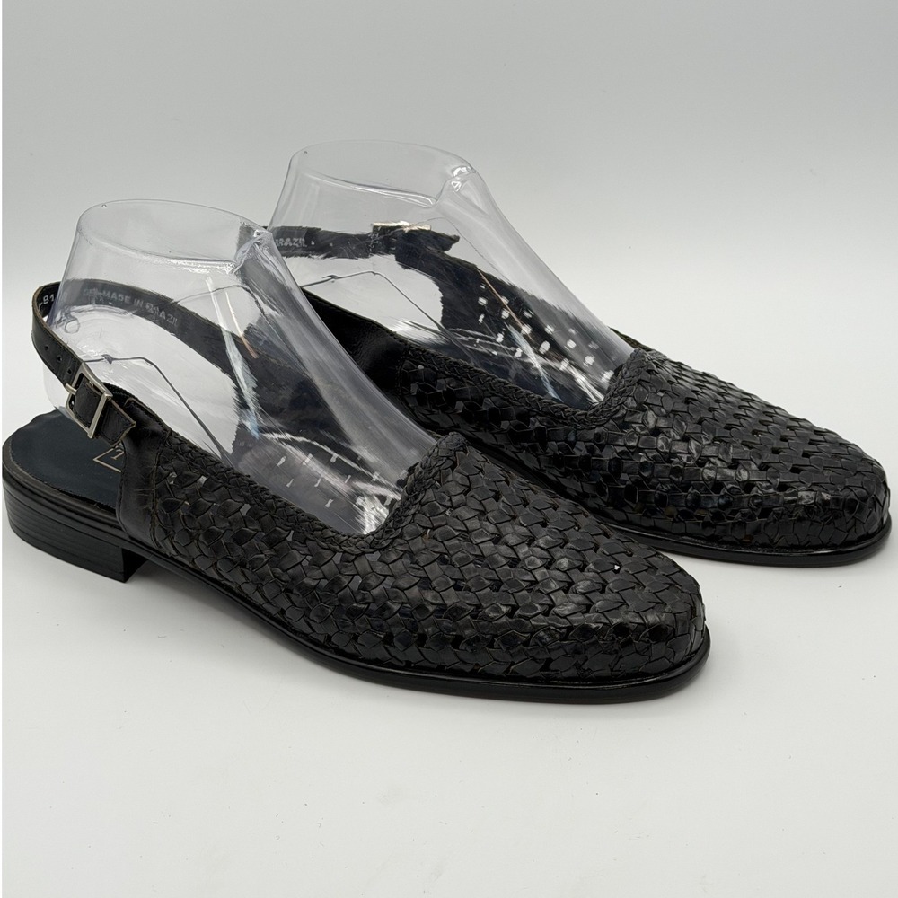 Trotters Lea Woven Leather Slingback Flats Women 10M Black Brazil Classic Office